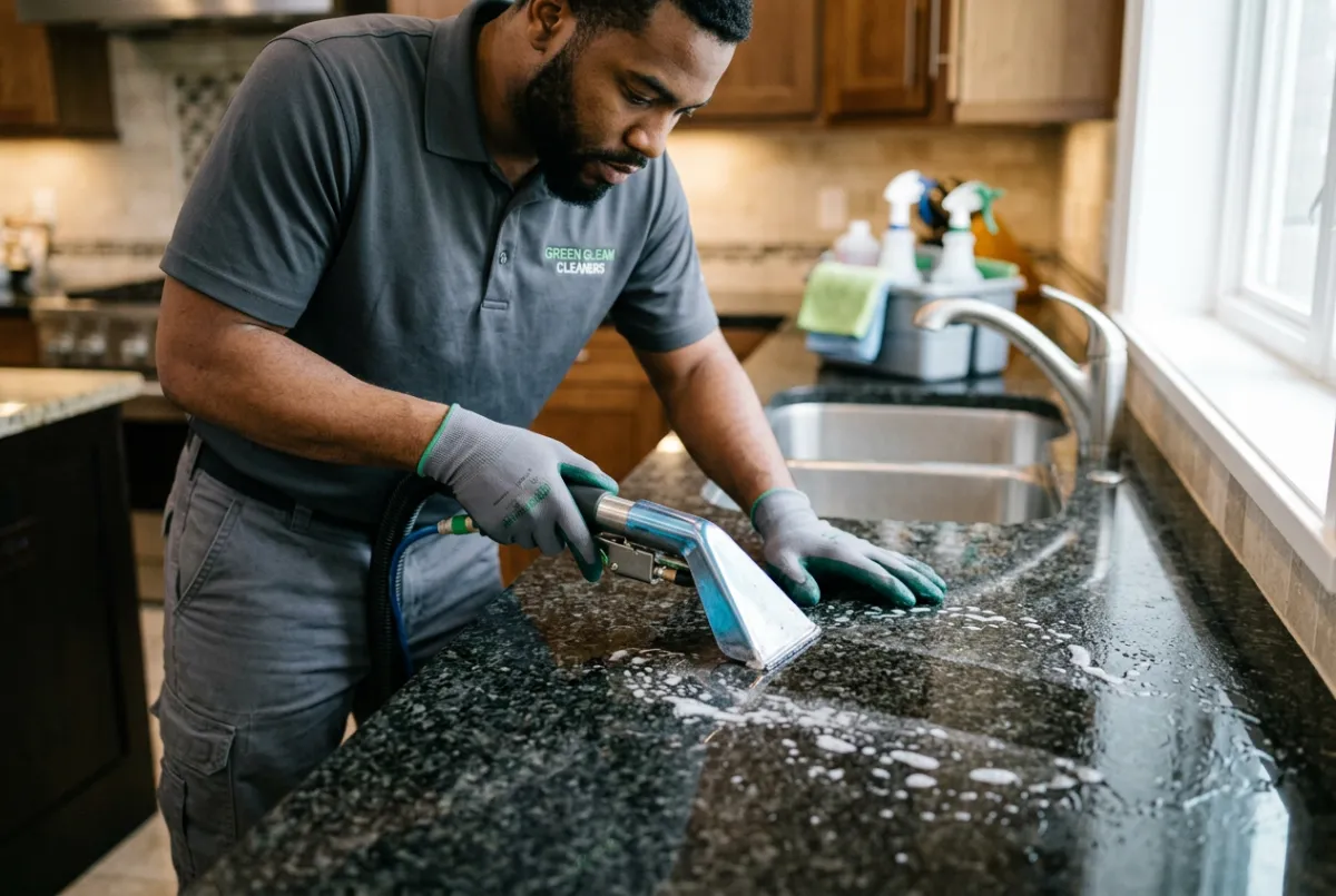 Specialist performing deep dirt and grease extraction on granite surface