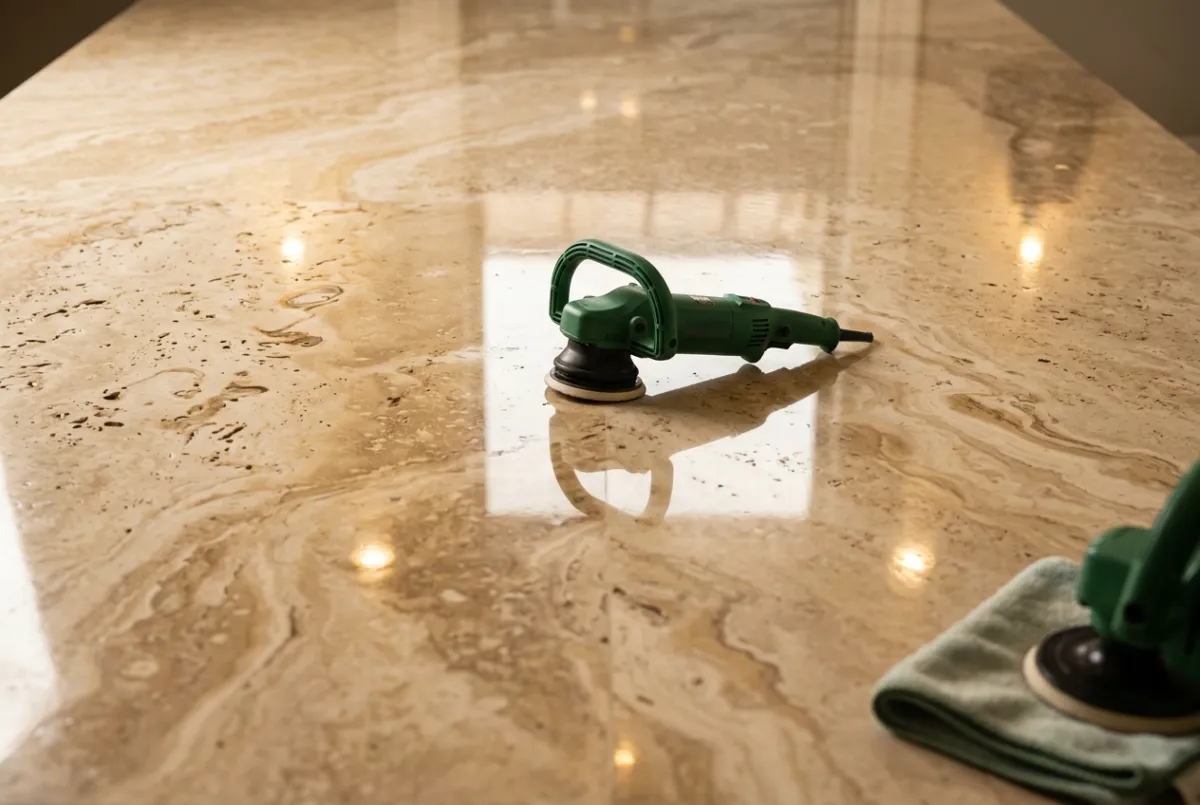 High-gloss travertine surface after professional polishing and sealing