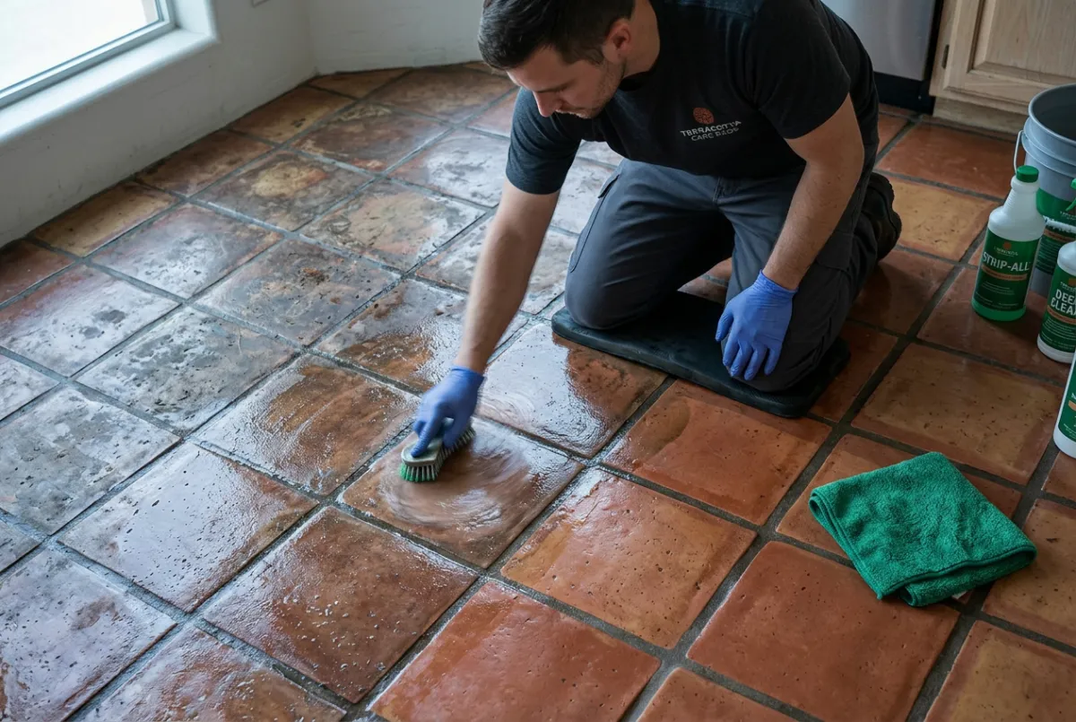 Professional deep cleaning and chemical stripping of Saltillo tile