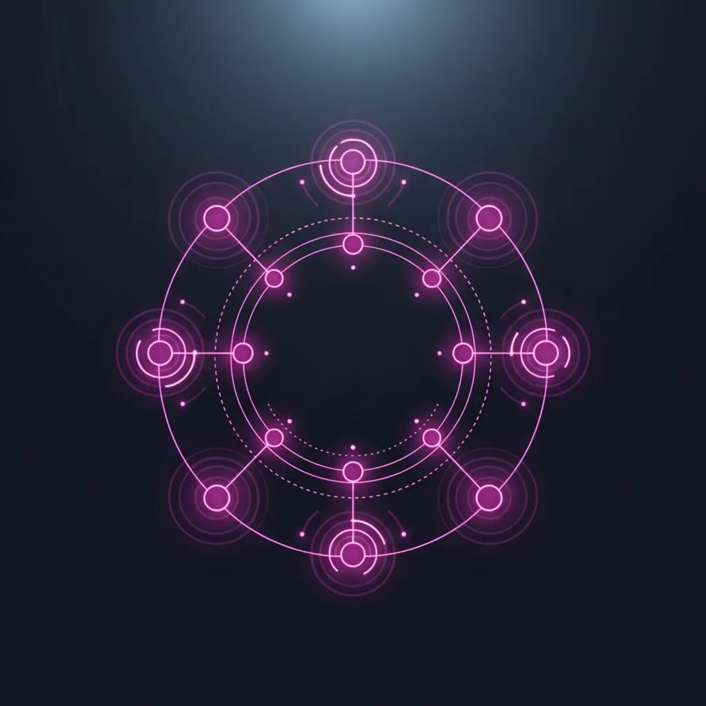 Circular decorative figure showing networked campaign nodes and performance heatmaps.