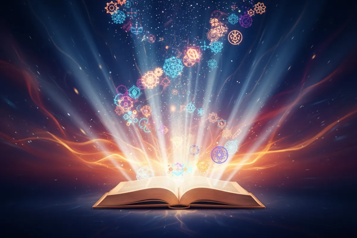 A vibrant 3D digital art render of an open book radiating light, with abstract transformation symbols swirling around it. The background is a dynamic gradient, evoking energy and possibility. No people are present, just the book and glowing effects.