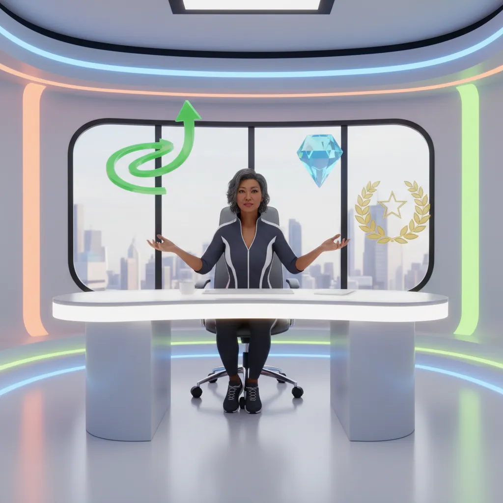 3D digital art of a diverse coach at a modern desk, surrounded by floating digital icons representing growth, clarity, and achievement. The setting is a bright, minimal workspace with energetic color accents. The coach is mid-gesture, conveying engagement and expertise.