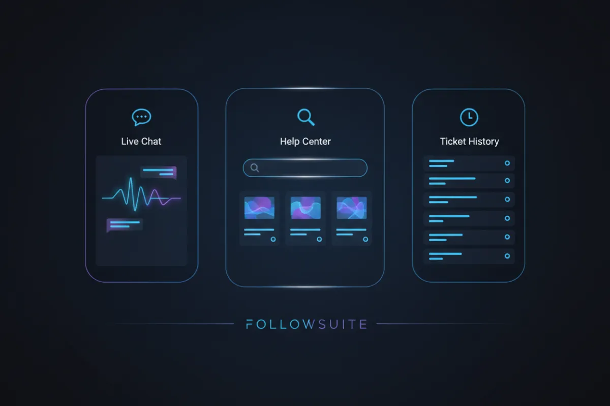 Support portal interface showing live chat, help center search, and ticket history.