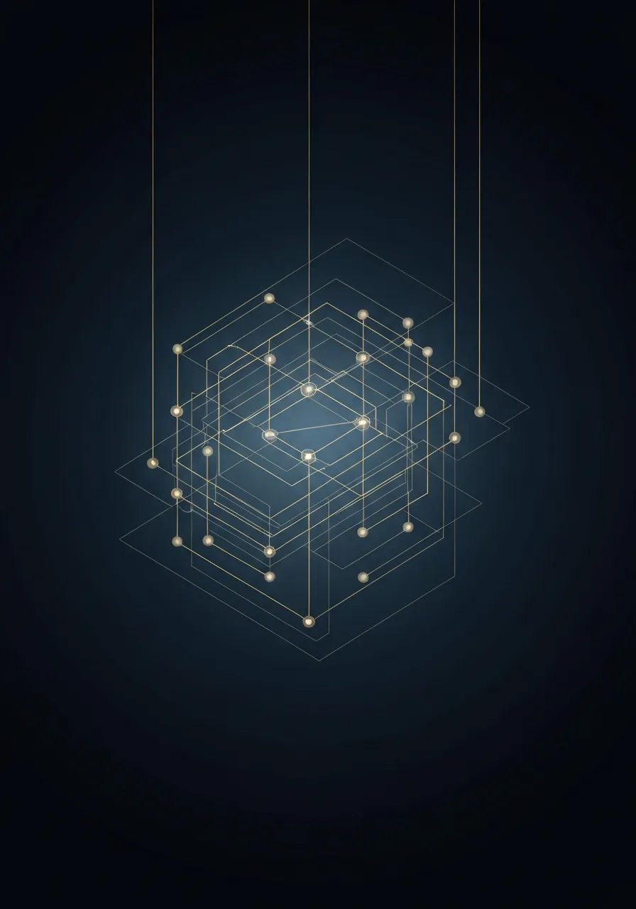 Abstract geometric diagram illustrating complex operational nodes being interconnected