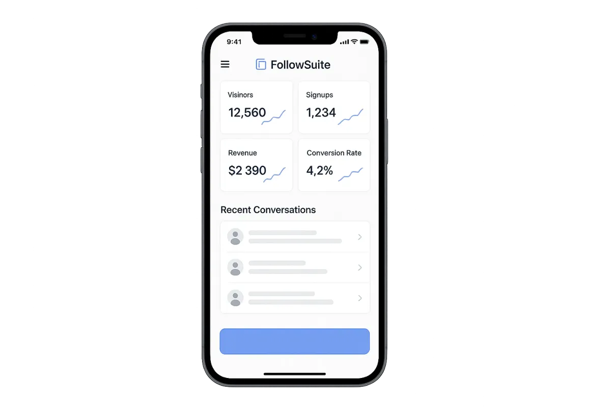 FollowSuite dashboard on smartphone showing analytics, conversations, and CTA