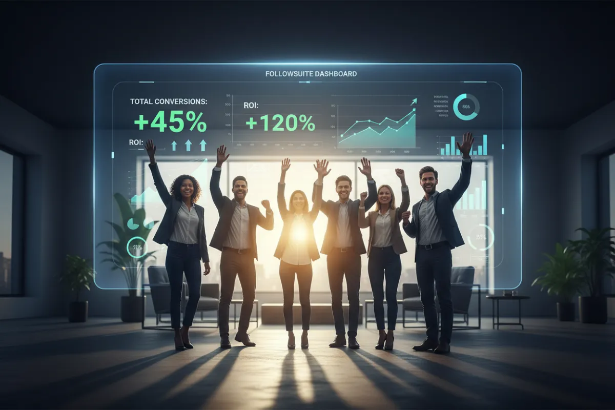 Team celebrating conversions with FollowSuite dashboard in the background, highlighting ROI and impact.
