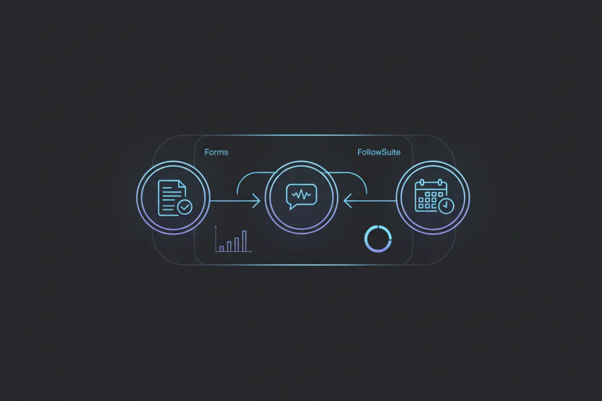 Illustration of a connected workflow: forms, automated messages, and booking confirmations in a dashboard view.