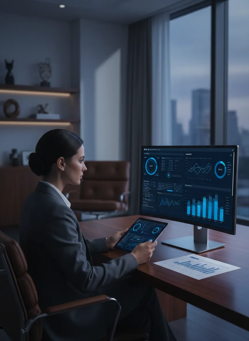 Executive reviewing CRM reports and KPI dashboard