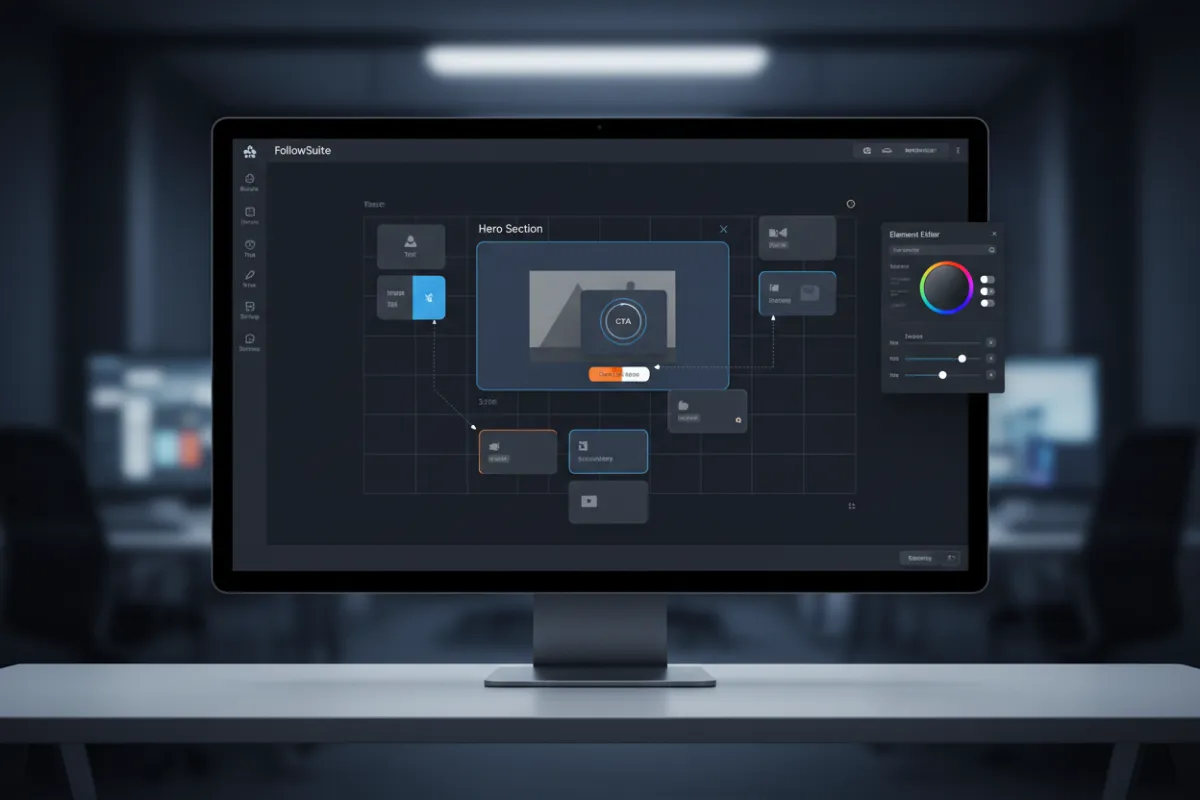 FollowSuite landing page builder with drag-and-drop blocks and CTA editor.