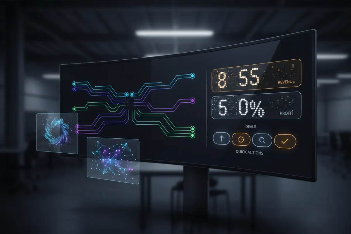 Operations dashboard showing pipelines, revenue tiles and quick actions.
