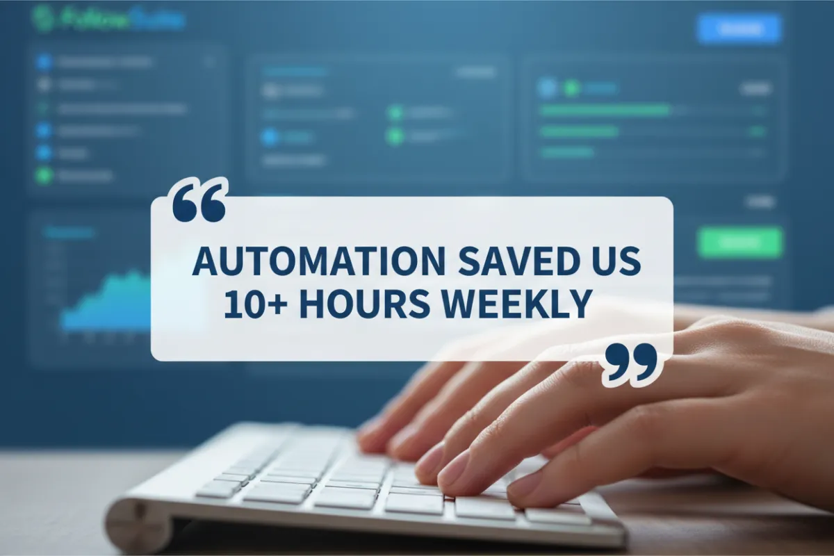 User interview thumbnail showing hands on keyboard and FollowSuite UI in background with quote about time savings.