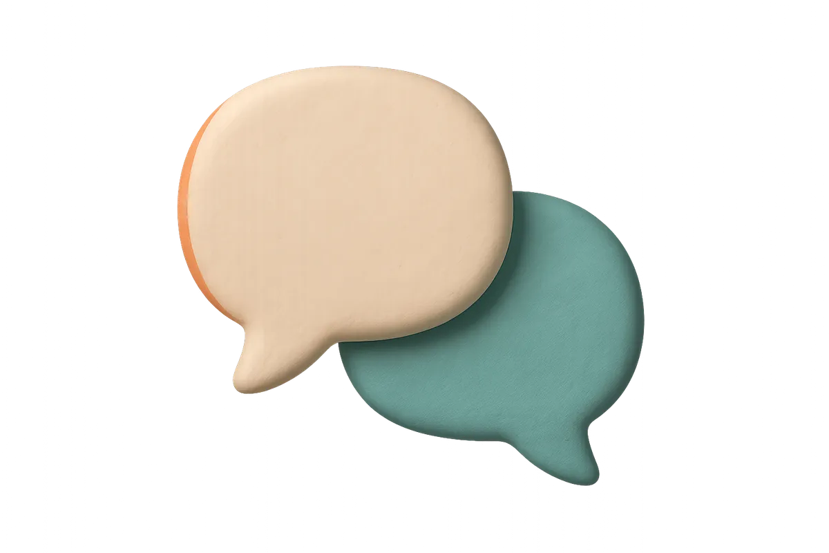 Playful 3D clay-styled cheerful speech bubbles and heart emblems symbolizing safe community forums