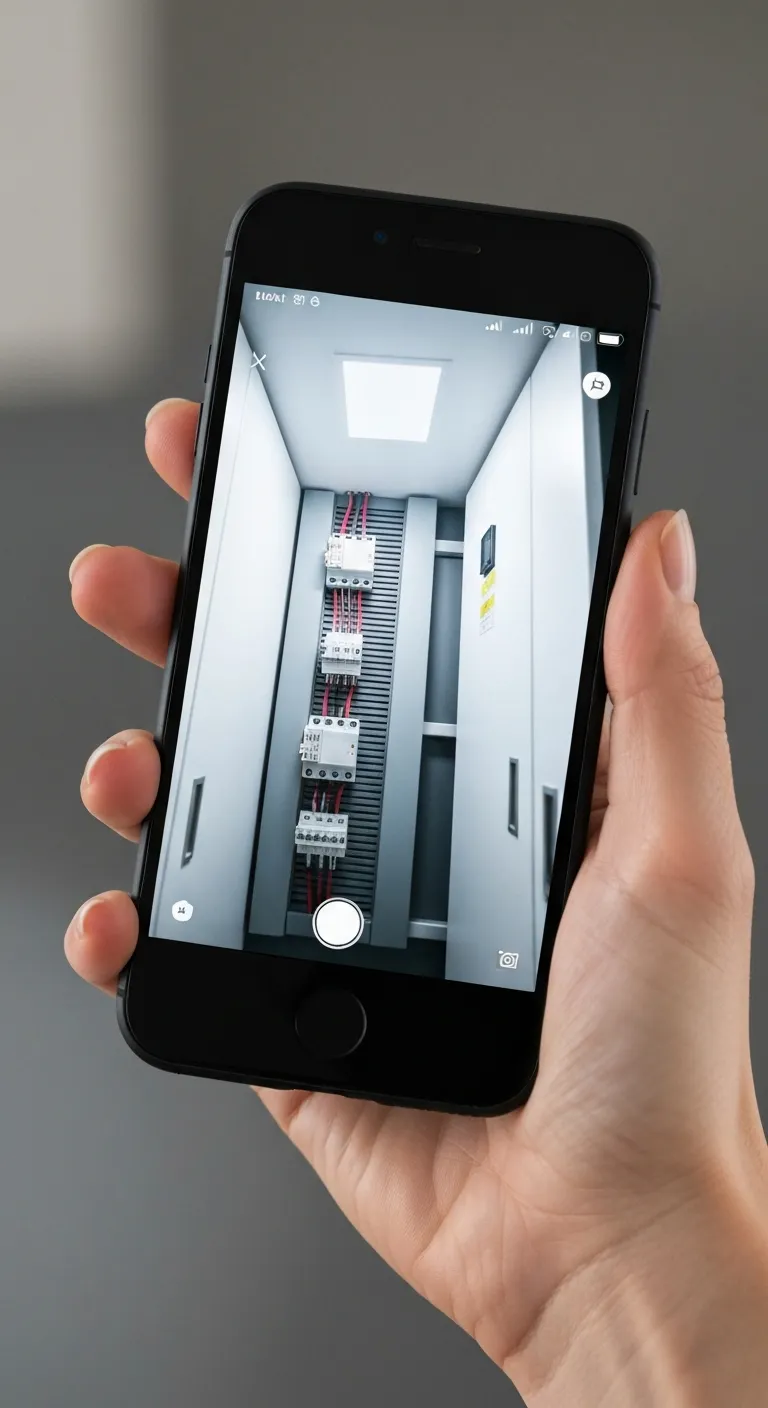 Hand holding a smartphone showing a live video feed of an electrical panel