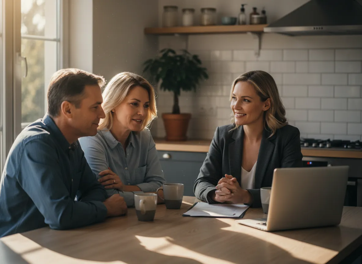 Ebner Properties team meeting with a homeowner at a kitchen table