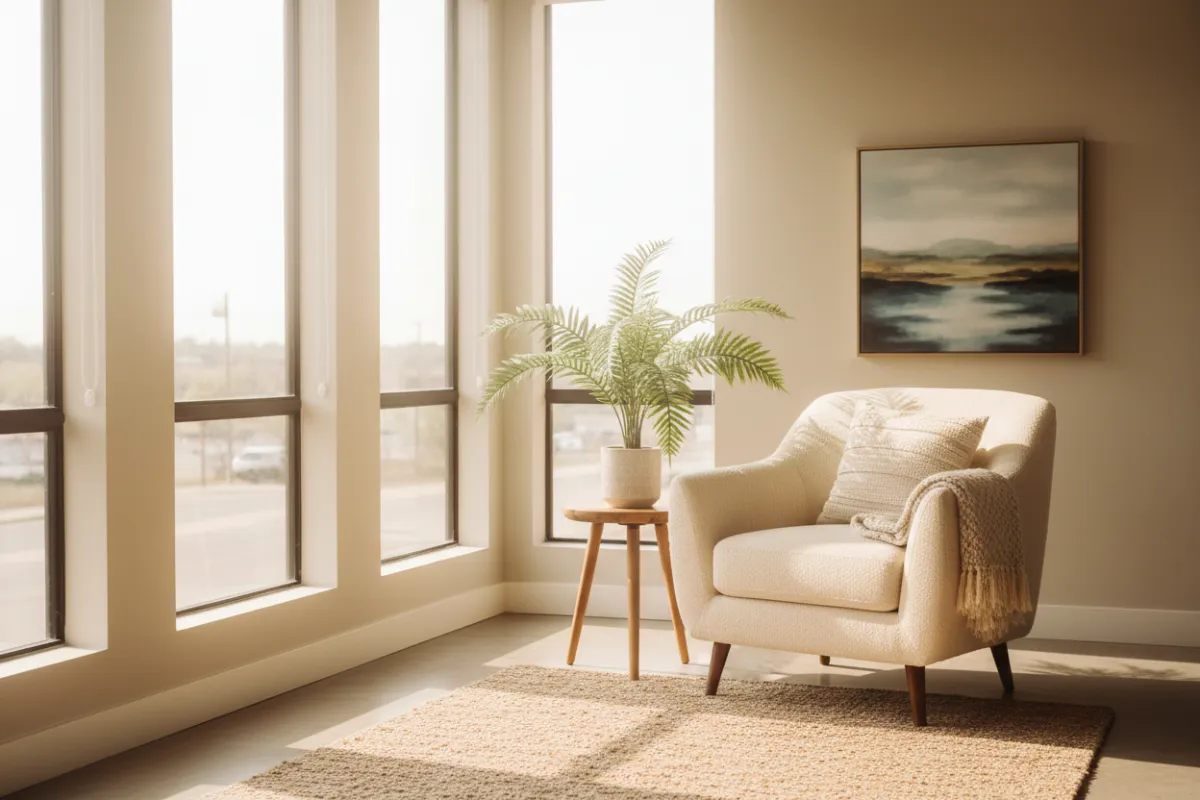 A serene, sunlit therapy office with a comfortable armchair, a small table with a plant, and soft natural light streaming through large windows. The space feels welcoming, calm, and private, inviting individuals to relax and open up.