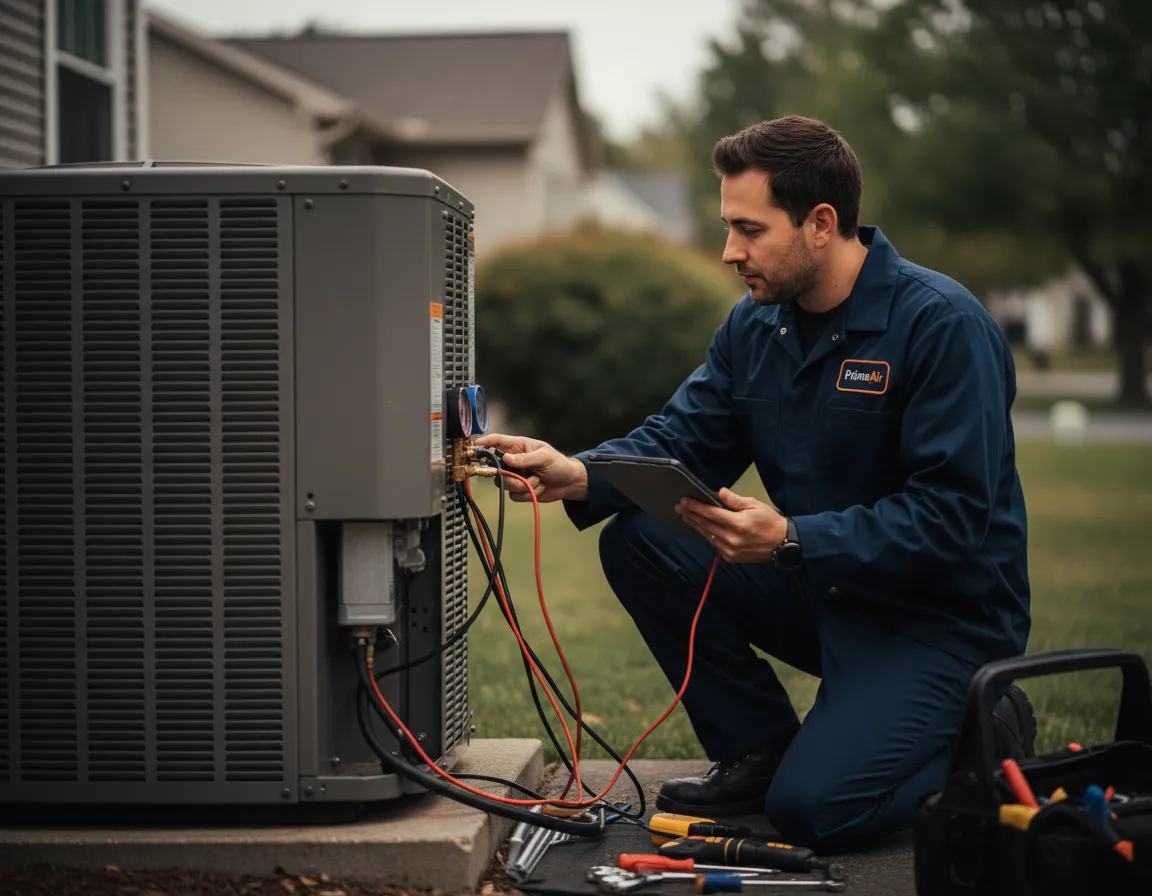HVAC technician performing comprehensive diagnostic check