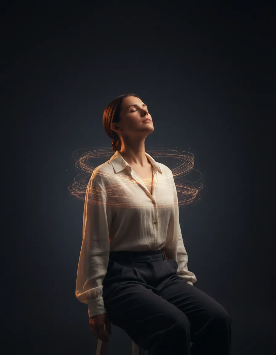 Person breathing deeply, relaxed posture, soft gold light, deep charcoal background, spiritual alignment.