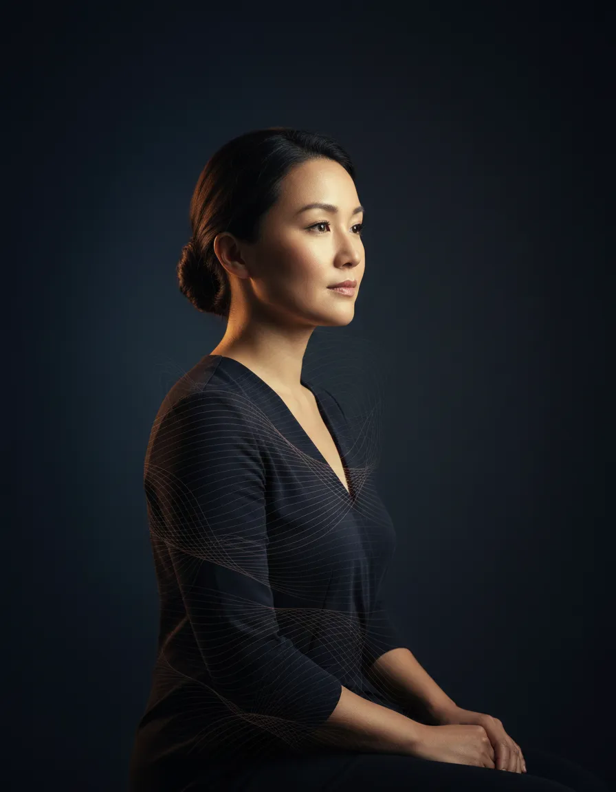 Calm, aligned individual with coherent energy field, cinematic lighting, dark background, copper highlights.