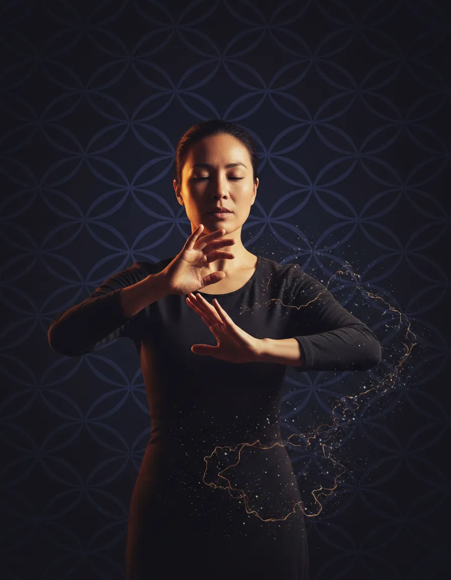 Person in focused action, subtle indigo energy waves, editorial spiritual aesthetic, high contrast.