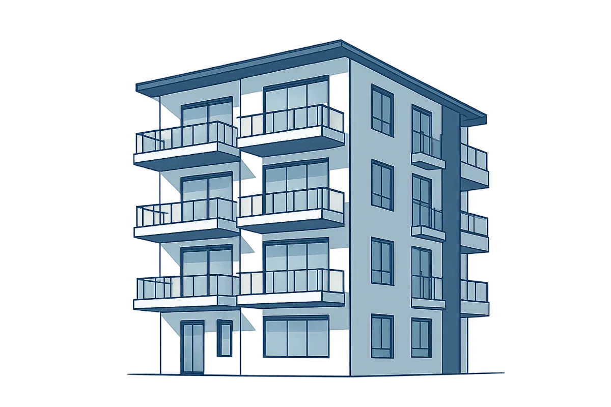 A contemporary digital illustration of a sleek, multi-story apartment building with large windows and balconies, fully isolated on a transparent background. The building is rendered in a clean, minimal style with blue and white tones, no background or supporting elements, emphasizing modern urban living.