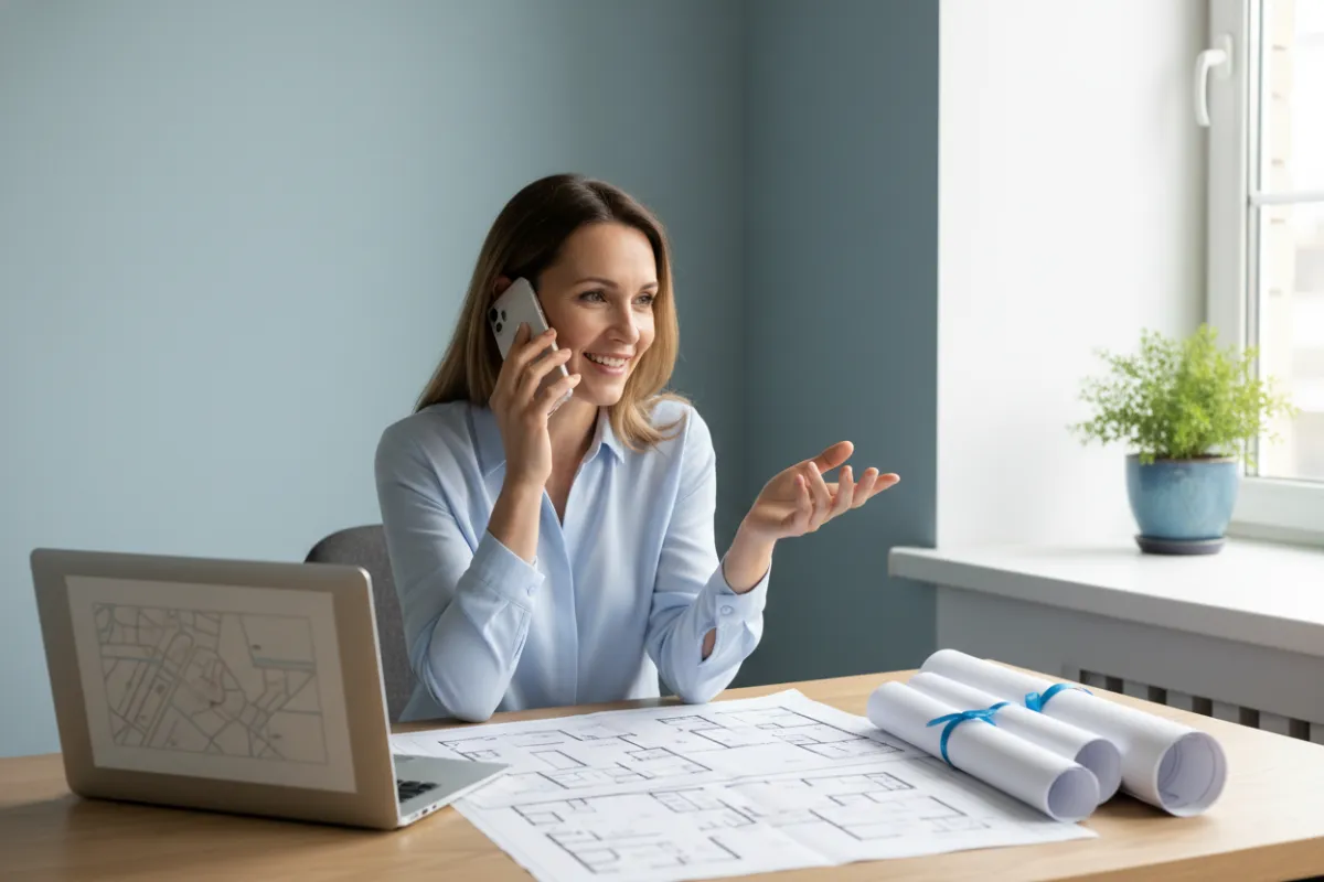 A friendly property manager speaking on the phone at a tidy desk, surrounded by apartment floor plans and a laptop. The office is decorated with soft blue accents and natural light, conveying approachability and professionalism.