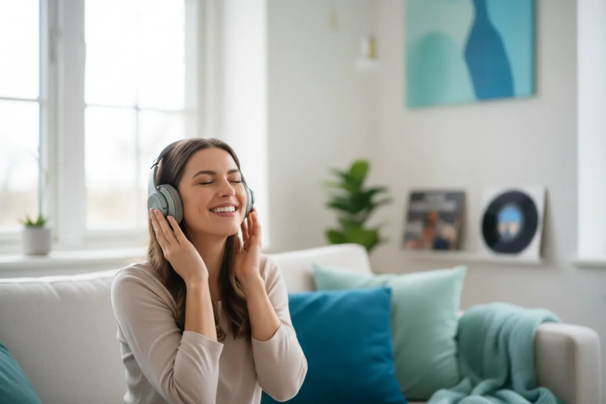 A young woman wearing headphones, smiling as she listens to music in a bright, modern living room. The background features subtle blue and teal accents, conveying a relaxed and inviting atmosphere for music lovers.