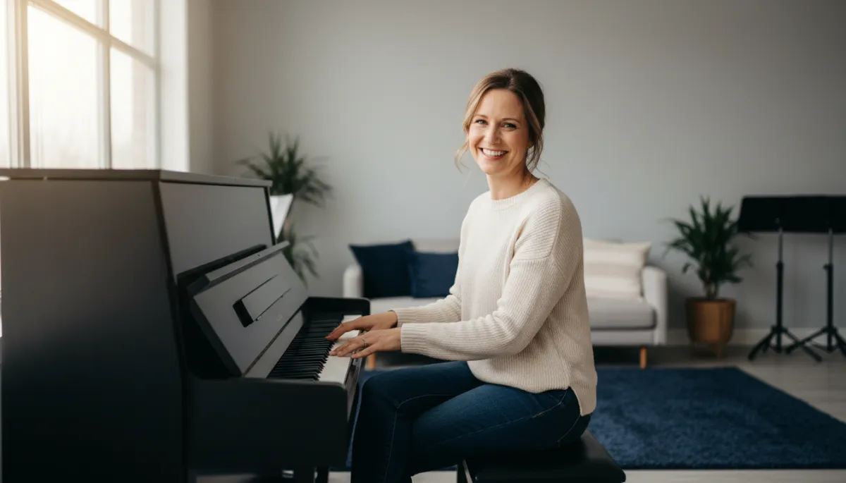 Smiling Denver piano instructor sitting at a modern piano