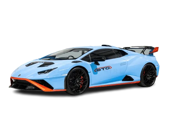 A light blue sports car with orange accents, a black roof, and black rims is available for hire. The vehicle features aggressive aerodynamics and a large rear wing.