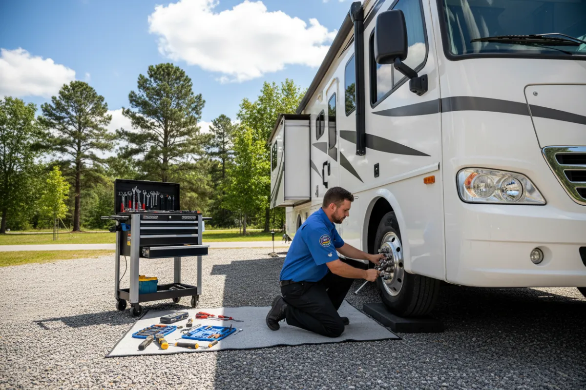 Mobile RV technician in uniform working on a large white RV in a sunlit campground, with tools neatly arranged and a sense of urgency and professionalism. The background shows a clear blue sky and green trees, emphasizing mobility and outdoor service.