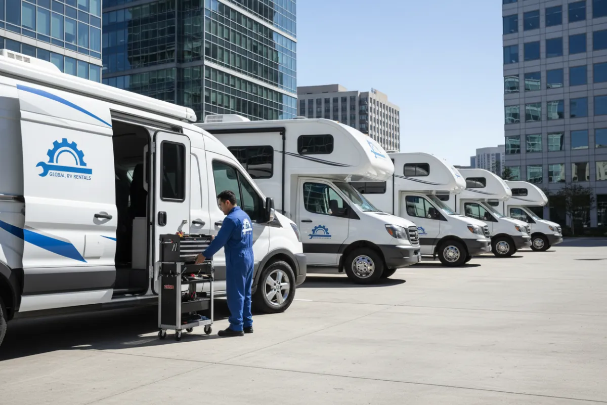 Mobile RV technician in uniform working on a large white RV in a sunlit campground, with tools neatly arranged and a sense of urgency and professionalism. The background shows a clear blue sky and green trees, emphasizing mobility and outdoor service.