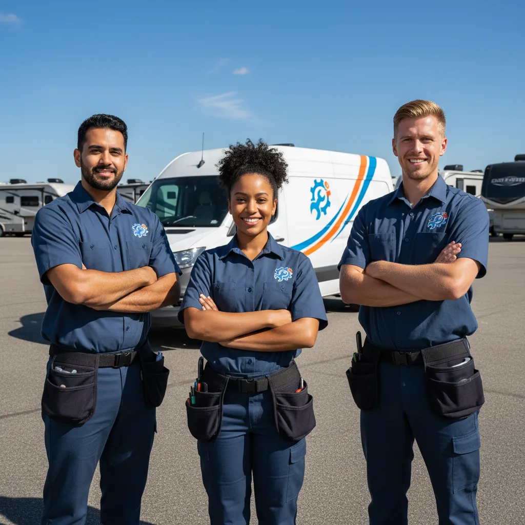 Mobile RV technician in uniform working on a large white RV in a sunlit campground, with tools neatly arranged and a sense of urgency and professionalism. The background shows a clear blue sky and green trees, emphasizing mobility and outdoor service.