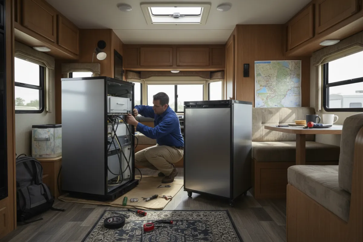 Technician replacing an RV refrigerator inside the coach