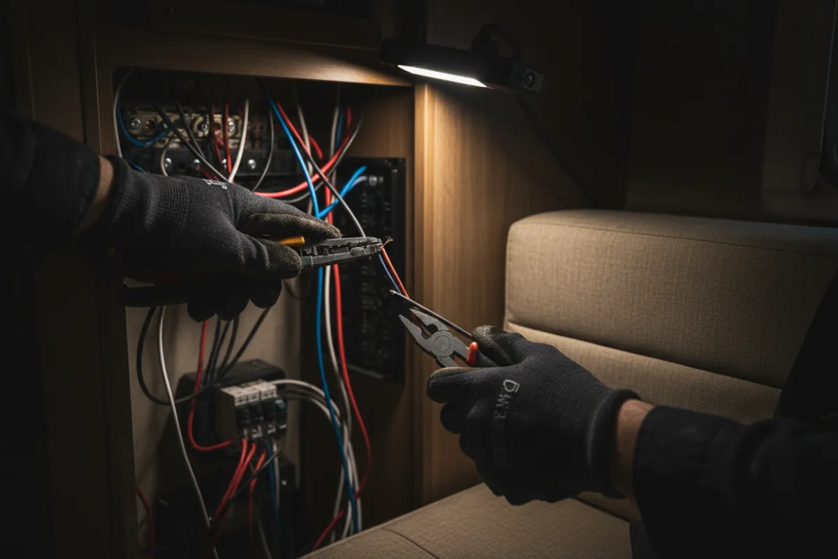 Technician repairing RV electrical wiring inside an RV, wearing gloves and using tools.