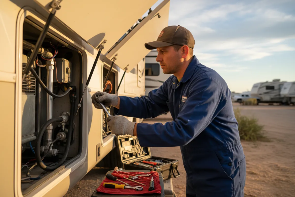 RV repair technician working on an RV