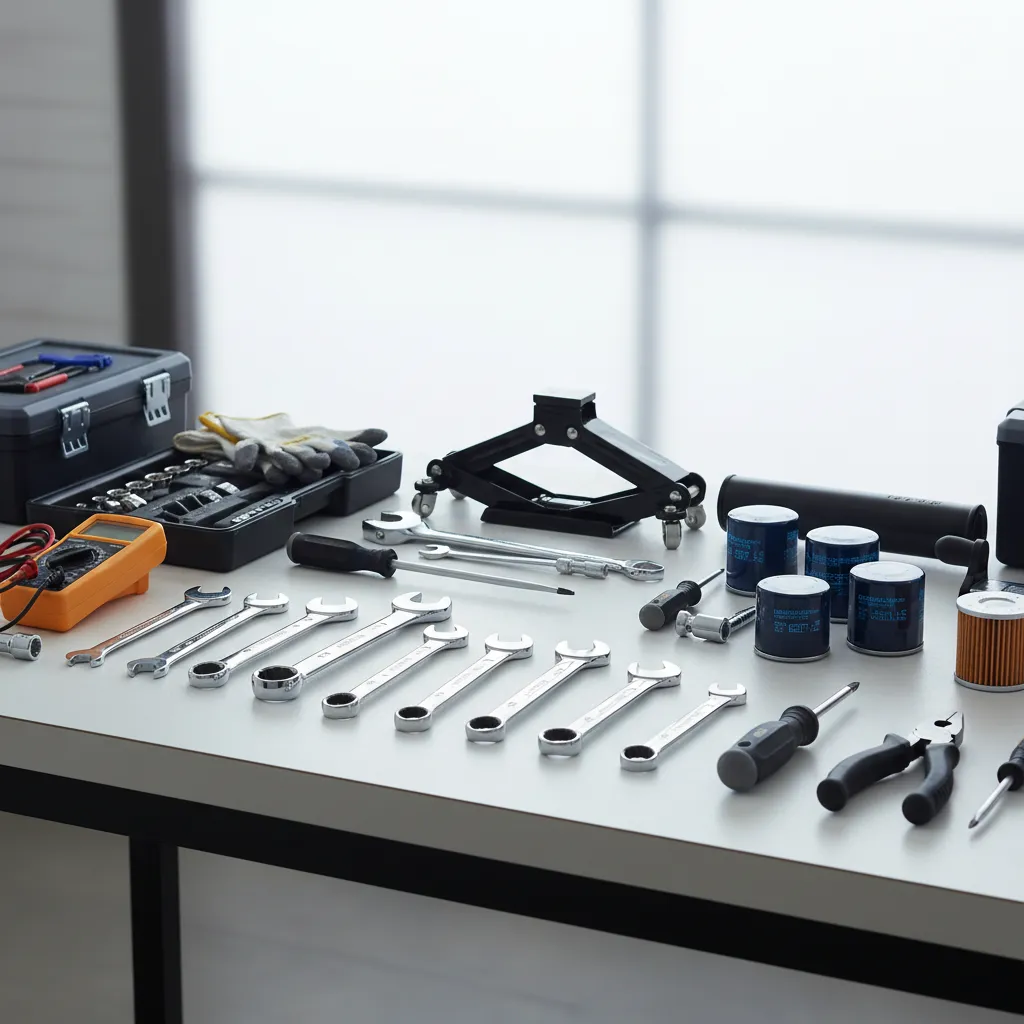 RV maintenance toolset laid out