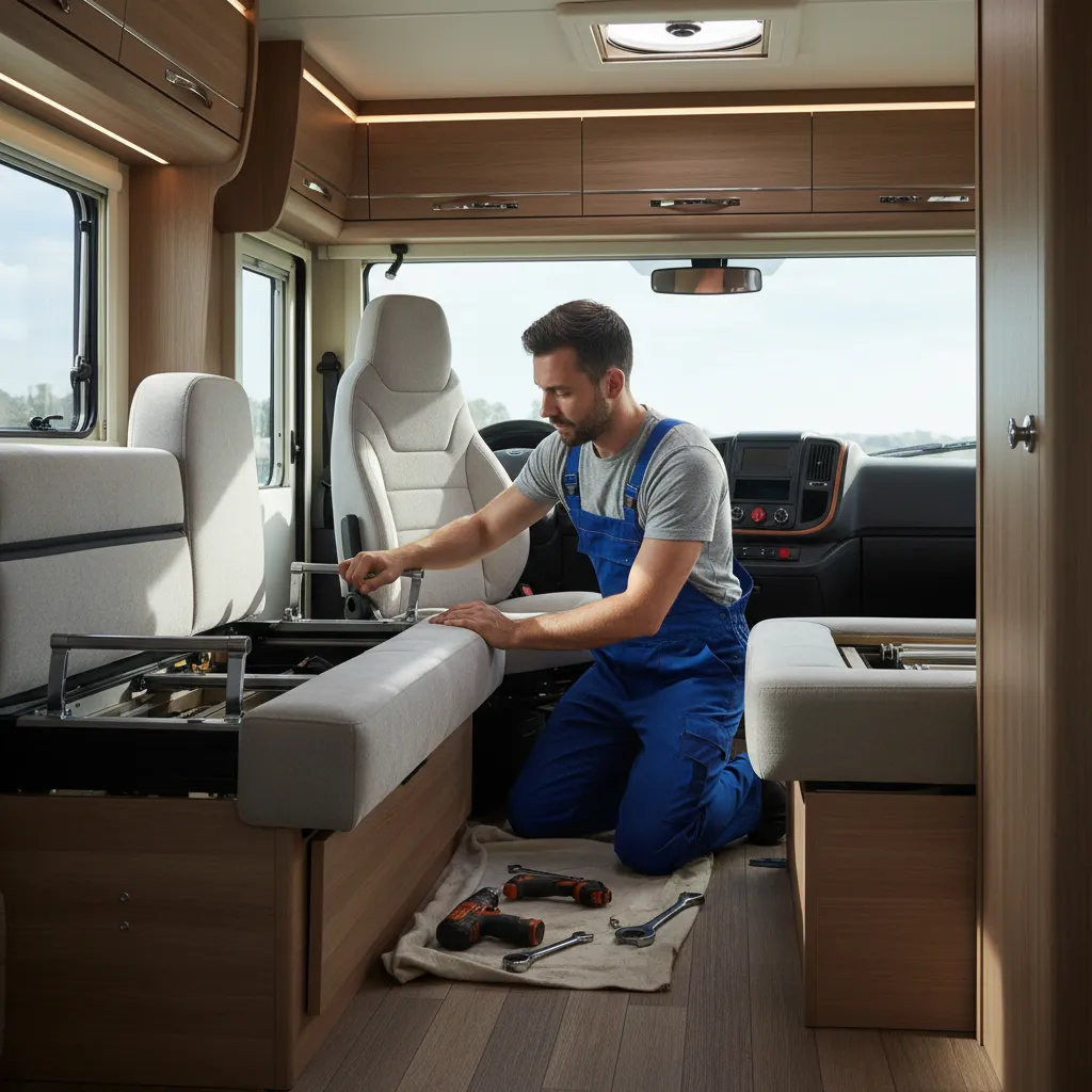 Mechanic checking RV seating fixture