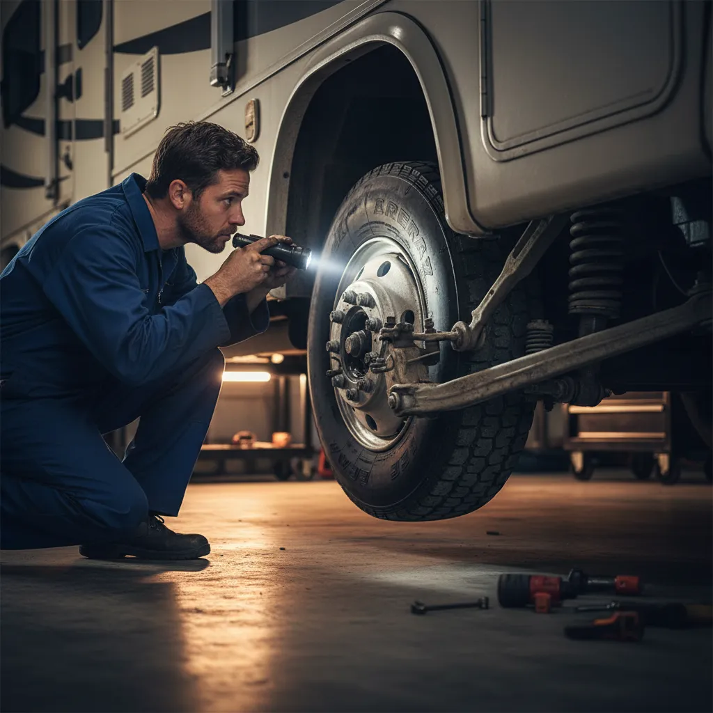Mechanic inspecting RV wheel assembly