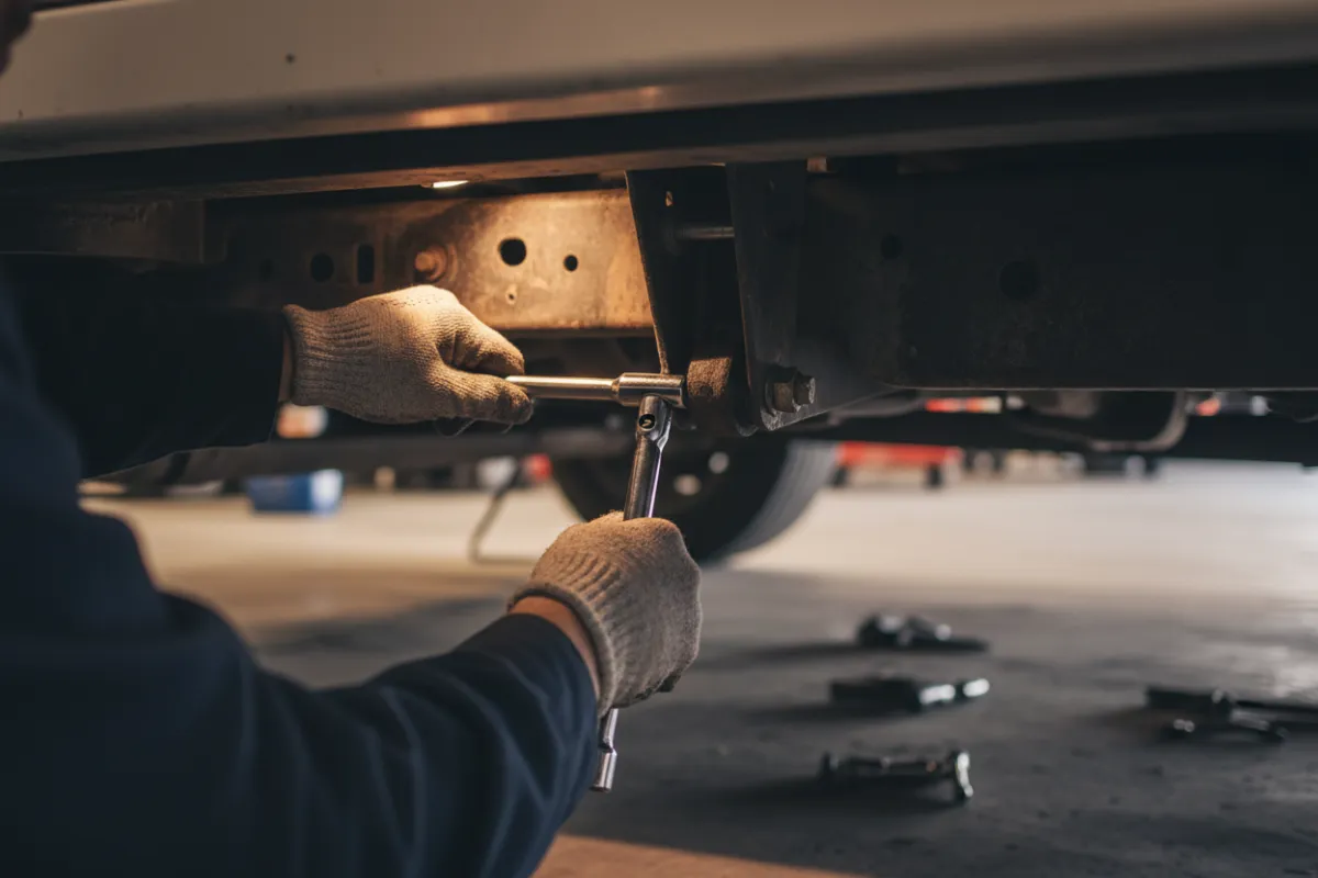 Mechanic tightening RV undercarriage bolt