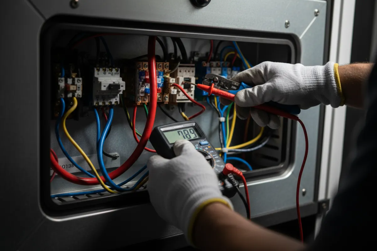 Hands using diagnostic tools on RV electrical panel