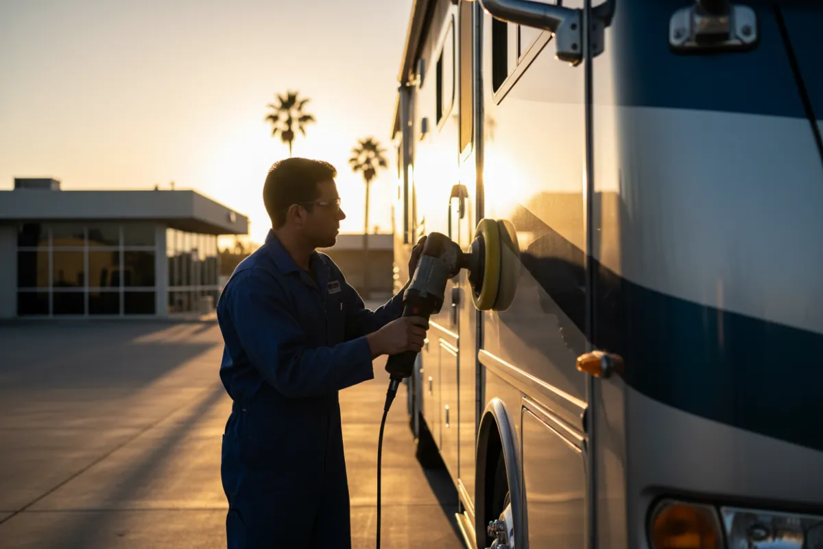 Mechanic polishing RV exterior