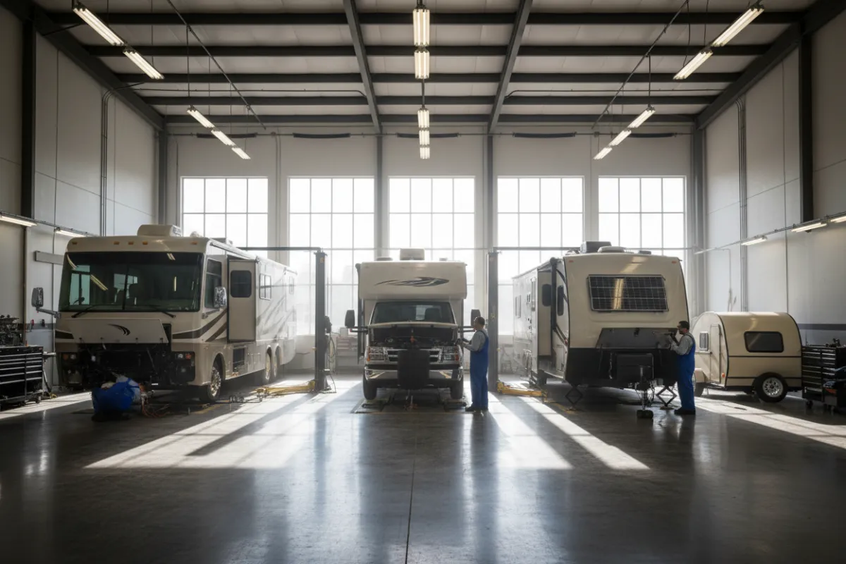 Workshop with multiple RVs being serviced