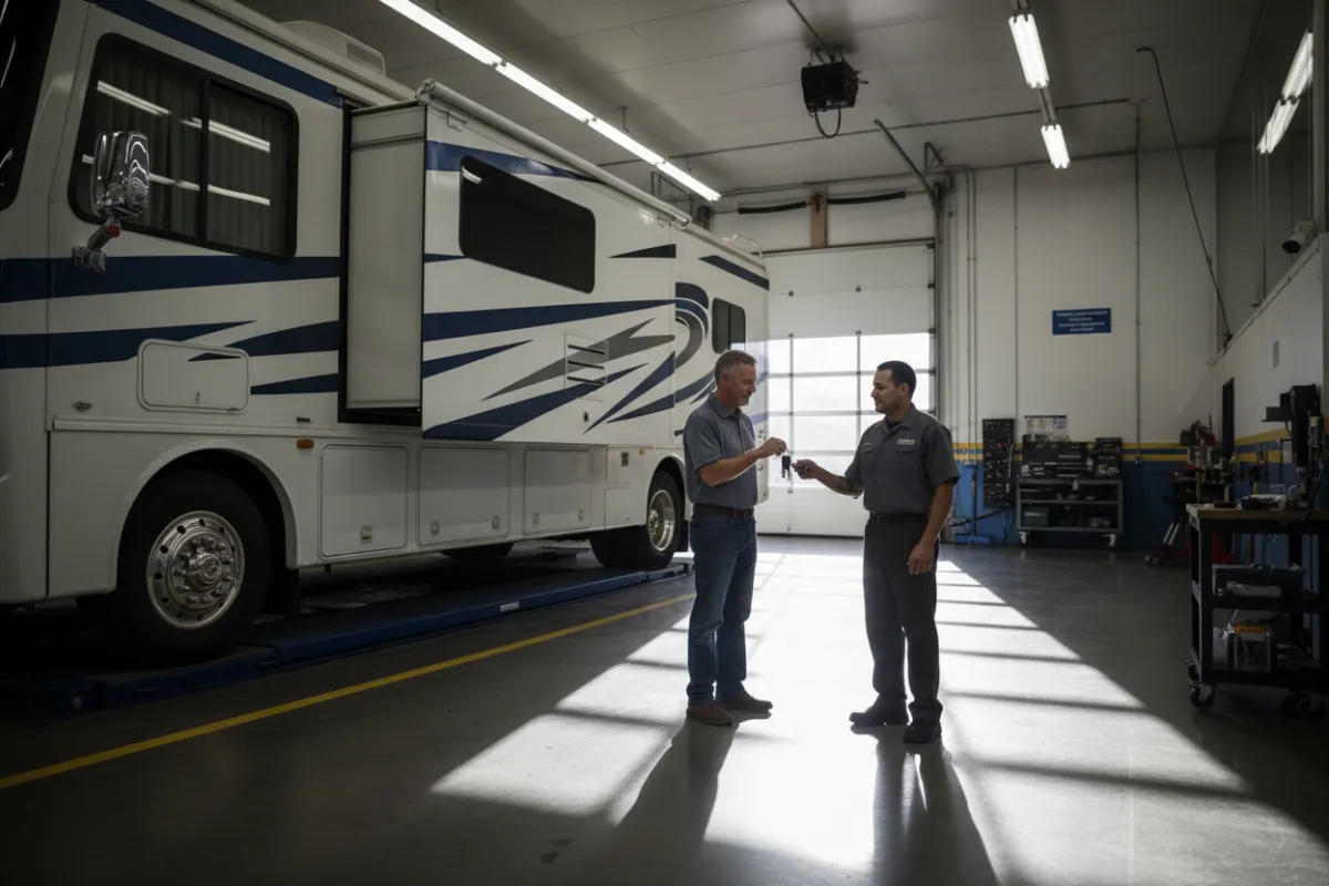 Customer handing keys to technician beside RV