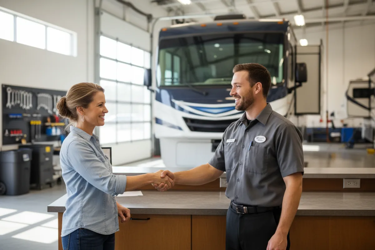Technician greeting customer at service desk