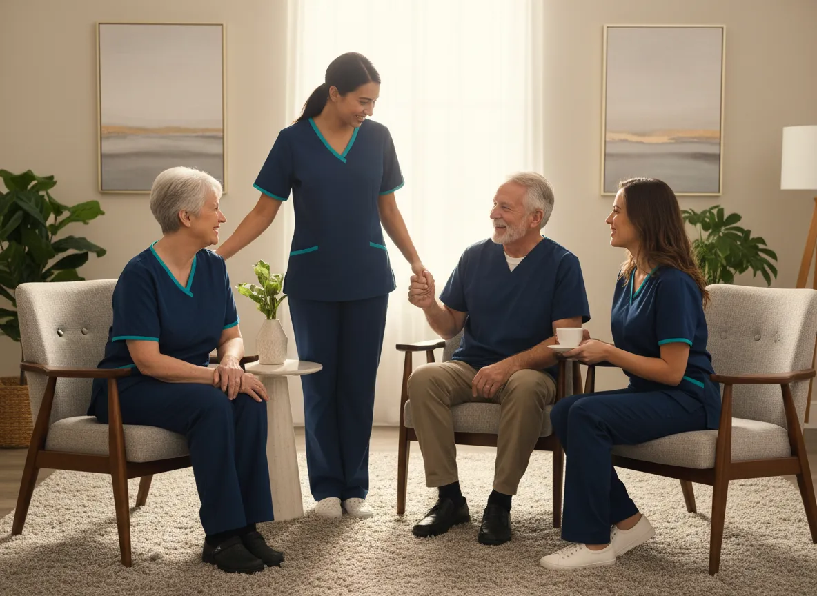 Healthcare workers supporting residents in a care facility
