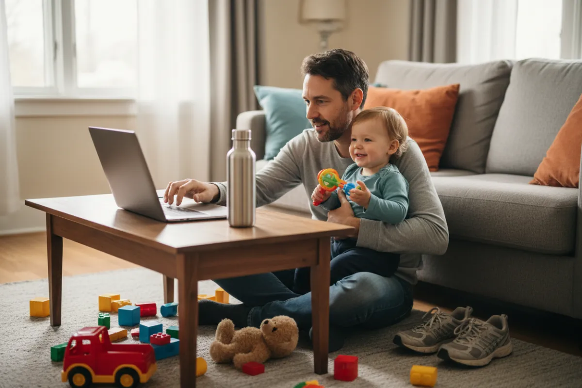 A father in his early 40s multitasking in a cozy home, holding a toddler while glancing at a laptop and gym shoes nearby. Toys and a water bottle are visible, capturing the chaos and warmth of parenthood.