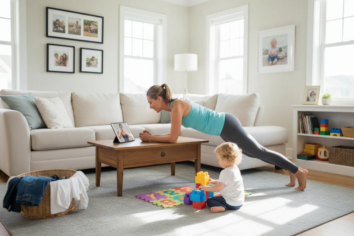 A woman in her late 30s following a workout video on a tablet in her living room, with a toddler playing with blocks nearby. The room is tidy but shows signs of family life, including a small pile of laundry.