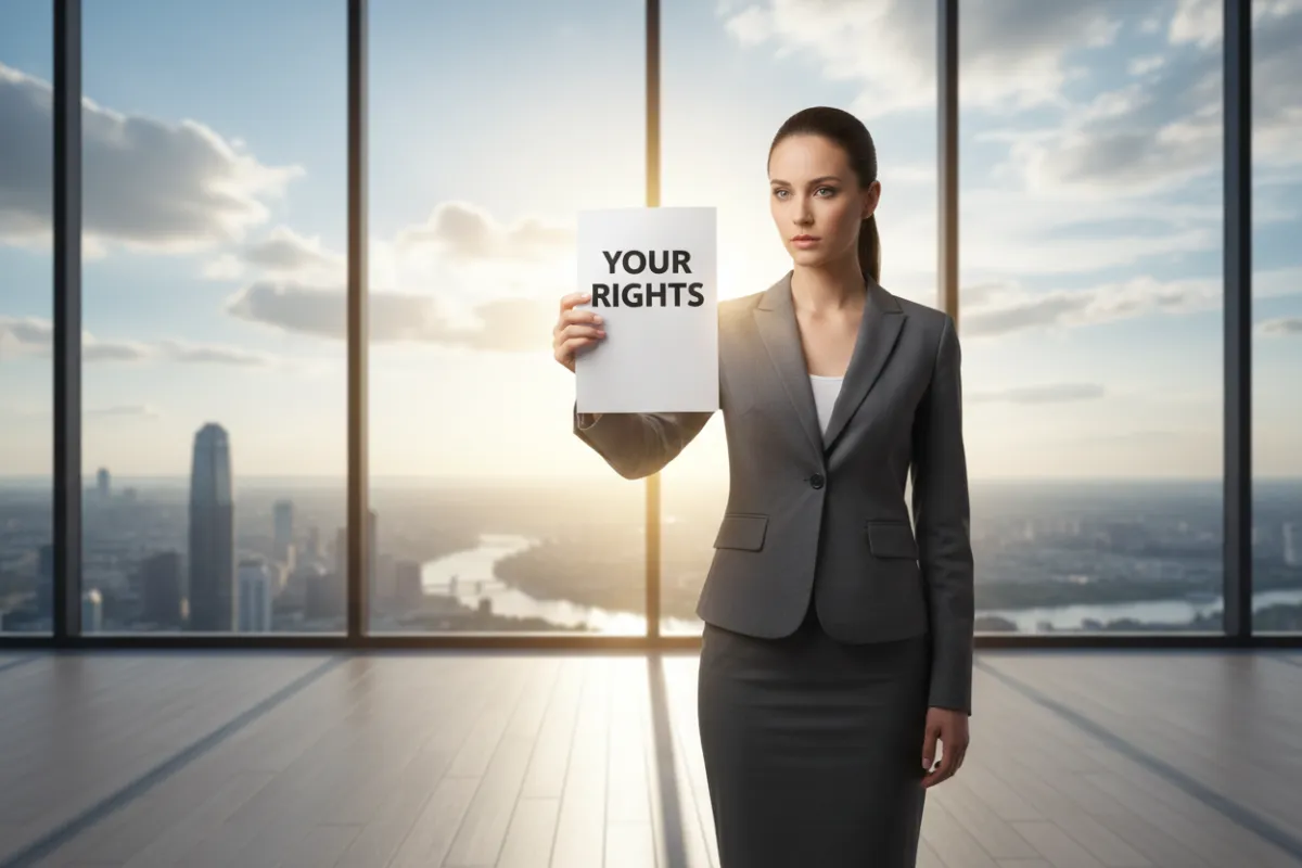 A confident businesswoman standing in front of a large window, holding a document labeled 'Your Rights,' with cityscape in the background. The image is bright, empowering, and professional, 3:2 aspect ratio.