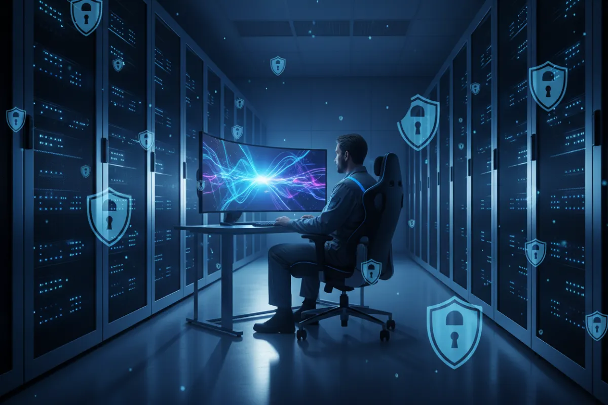 A secure server room with blue ambient lighting, a technician reviewing encrypted data on a monitor, and digital lock icons overlaying the scene. The composition is modern, with a focus on technology and privacy, 3:2 aspect ratio.