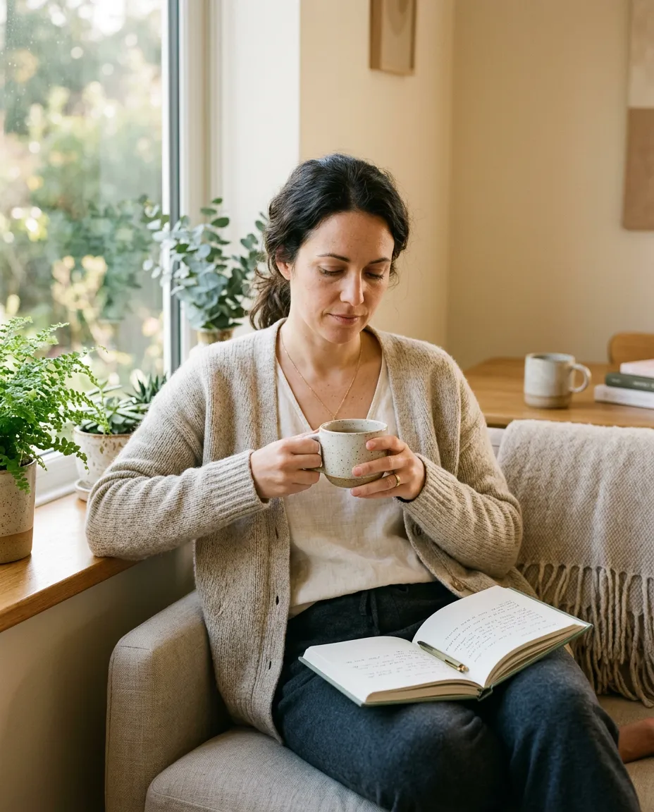 Woman in warm morning light journaling with herbal tea, representing stress, energy and daily cortisol rhythm