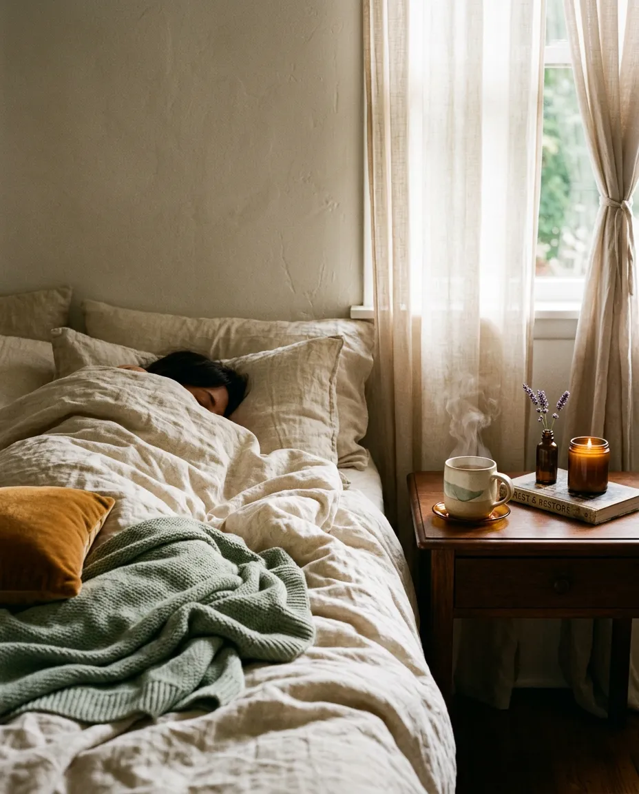 Serene bedroom space with natural linen bedding, warm diffused sunlight and herbal tea